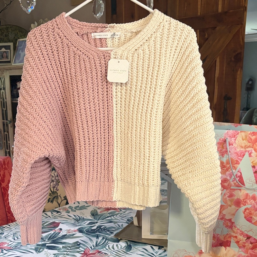 Altar'd State Pink and Cream Crew Neck Sweater